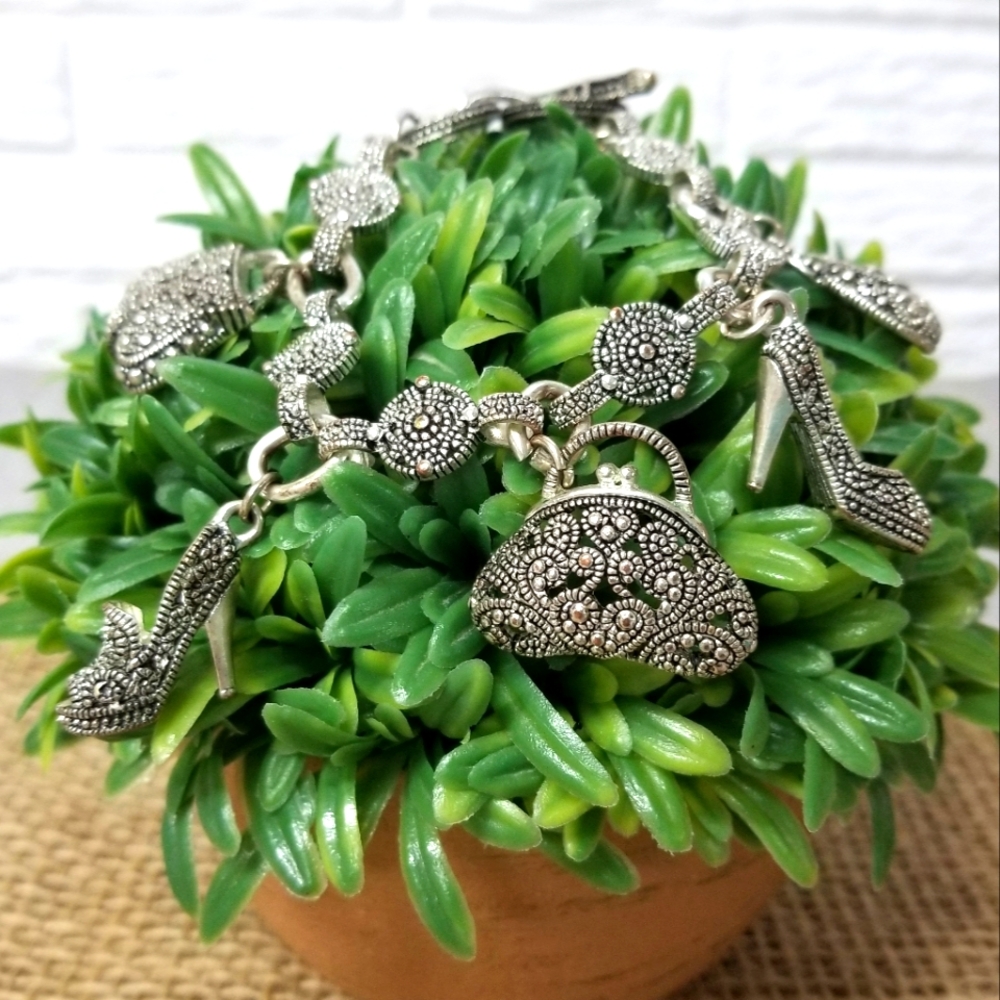 Marcassite Purse & Shoes Charm Bracelet